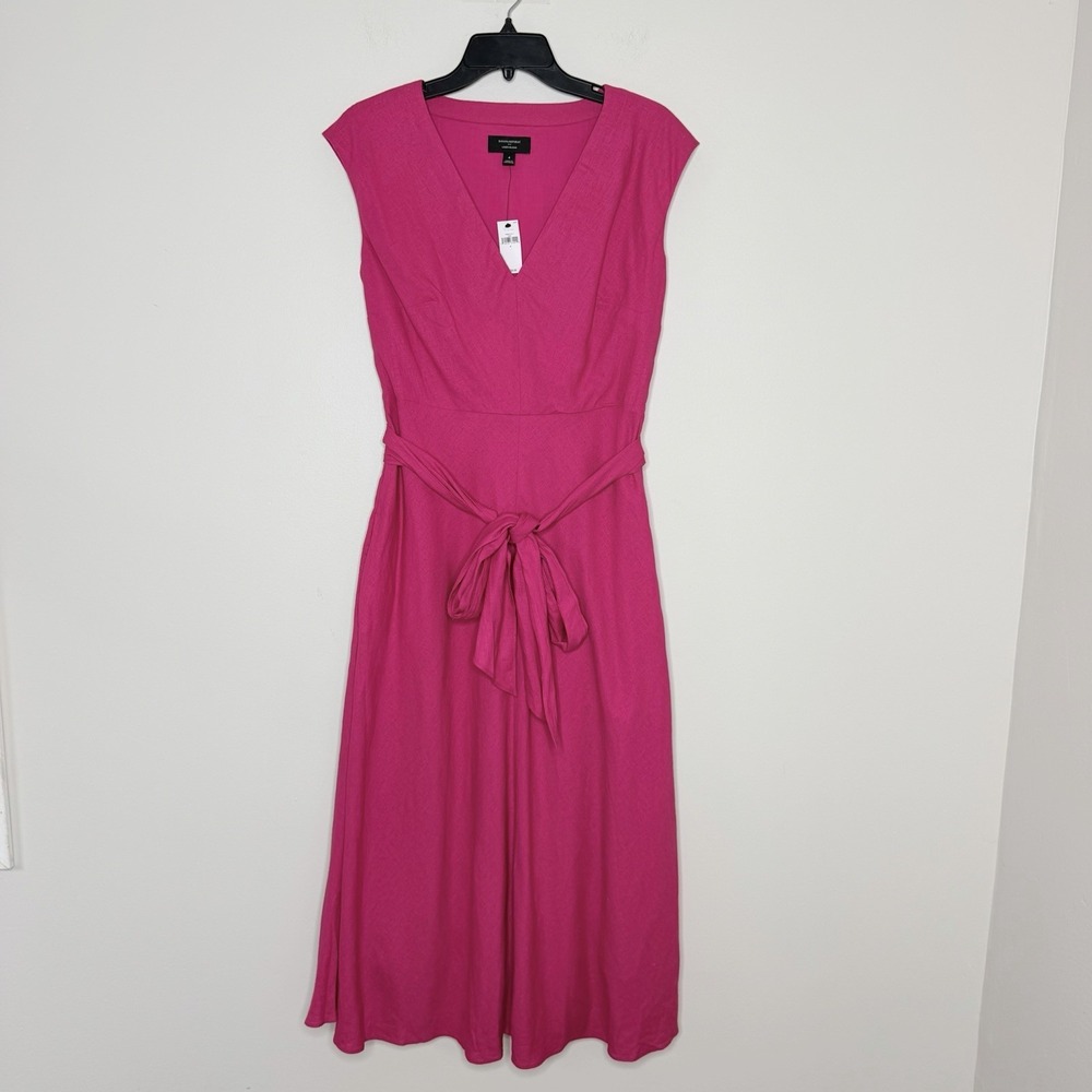 Banana Republic Linen Blend Midi Dress Fuchsia Pink Size 4 Belted V Neck Pockets